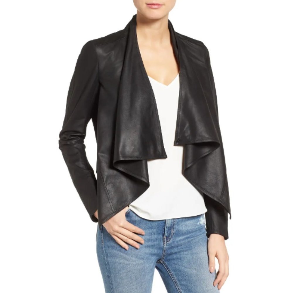 Lamarque Madison Jacket Black 100% Leather Asymmetric Draped Moto SZ M